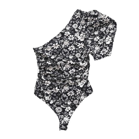 Free People Somethin Bout You Floral One Shoulder Puff Sleeve Bodysuit Size XS - Picture 2 of 10